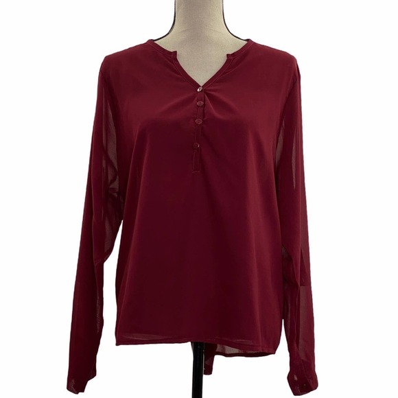 Tops - V-NECK Sheer Red Henley Button Blouse Size XXL